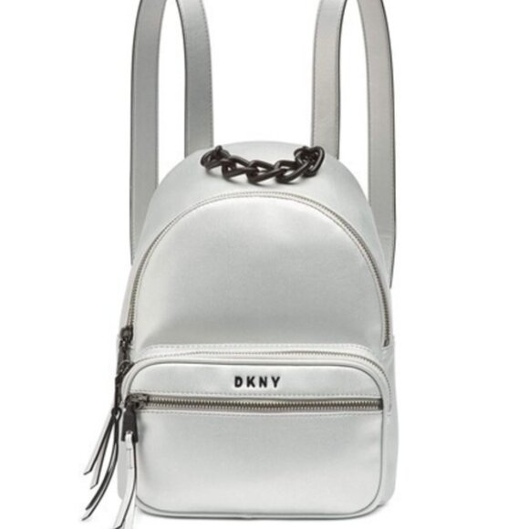 DKNY Metallic Silver Mini Backpack w/ Black Chain Details, NWOT! - Picture 1 of 10
